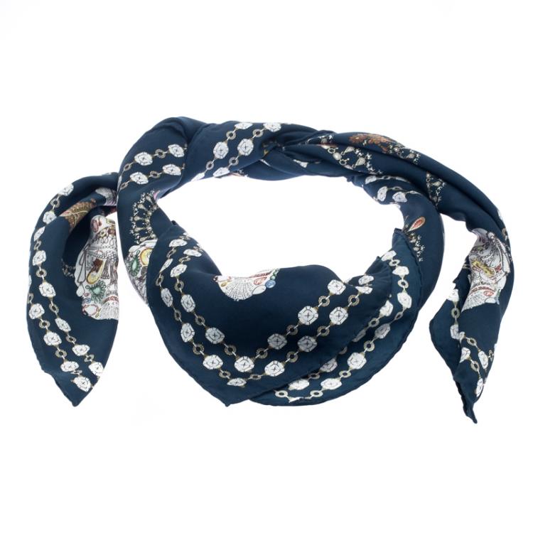 Pre Owned Alexander McQueen Navy Blue Jeweled Skull Print Square Silk Scarf