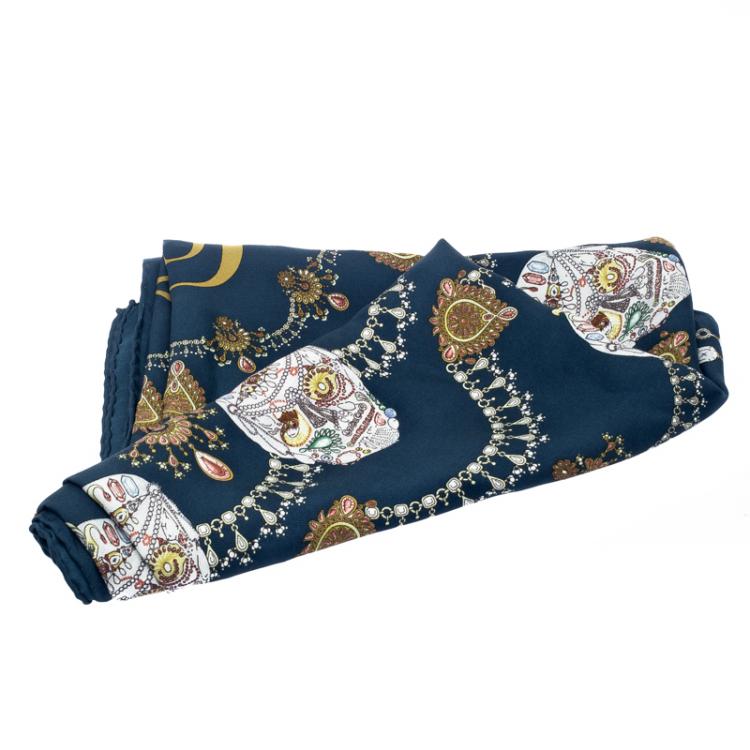Pre Owned Alexander McQueen Navy Blue Jeweled Skull Print Square Silk Scarf