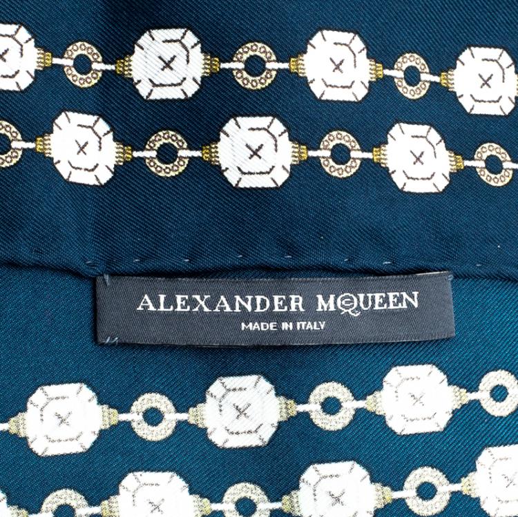Pre Owned Alexander McQueen Navy Blue Jeweled Skull Print Square Silk Scarf