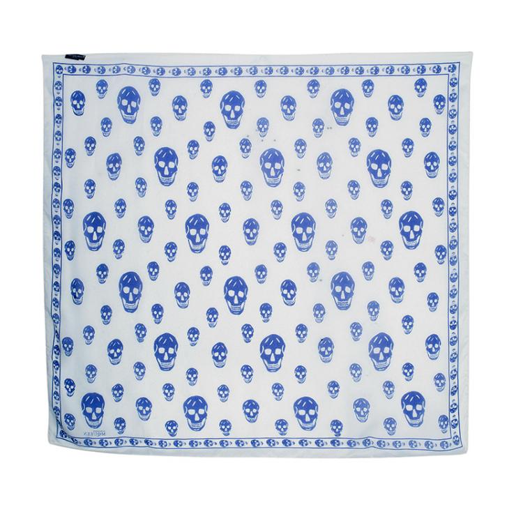 Pre Owned Alexander McQueen White and Blue Skull Silk Chiffon Scarf