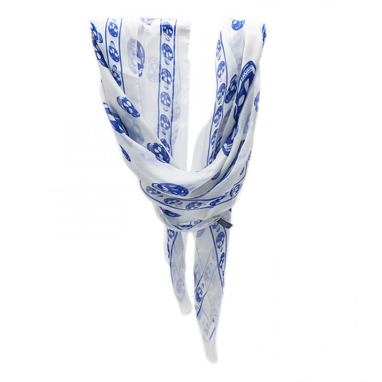 Pre Owned Alexander McQueen White and Blue Skull Silk Chiffon Scarf