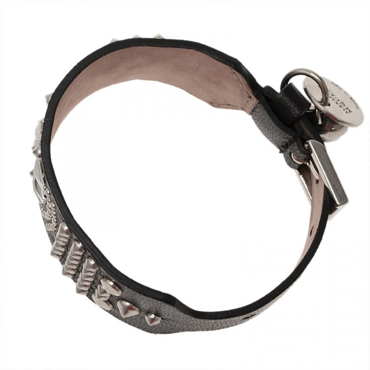 Pre Owned Alexander McQueen Skull Black Leather Stud Bracelet