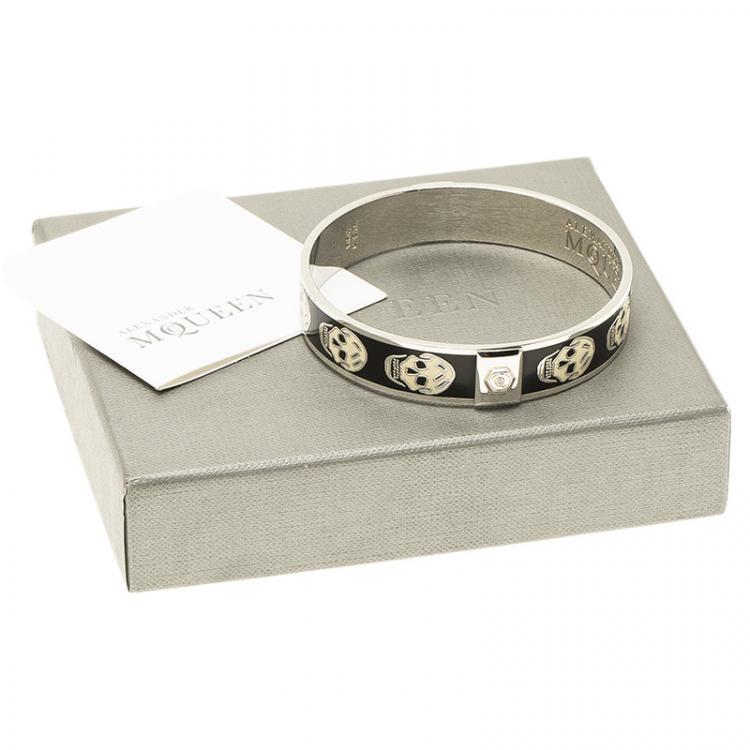 Pre Owned Alexander McQueen Skull Printed Black and White Resin Small Bangle