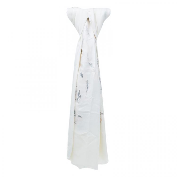Pre Owned Alexander McQueen White Silk and Wool Blend Embroidered Shawl 