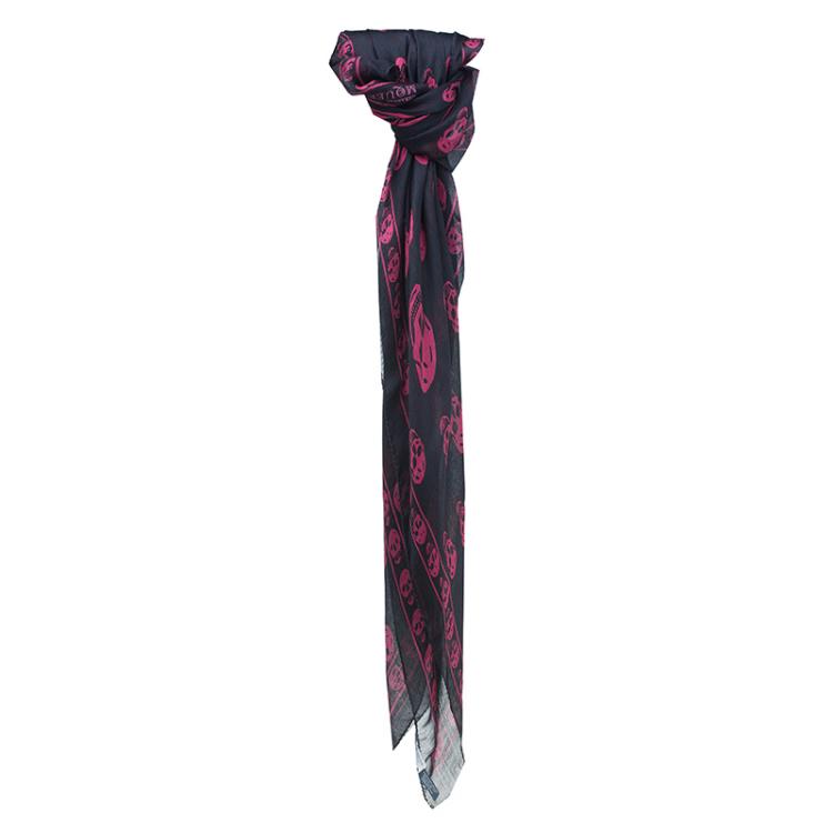 Pre Owned Alexander McQueen Black and Pink Silk Skull Print Scarf