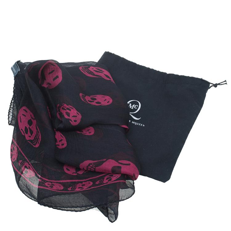 Pre Owned Alexander McQueen Black and Pink Silk Skull Print Scarf