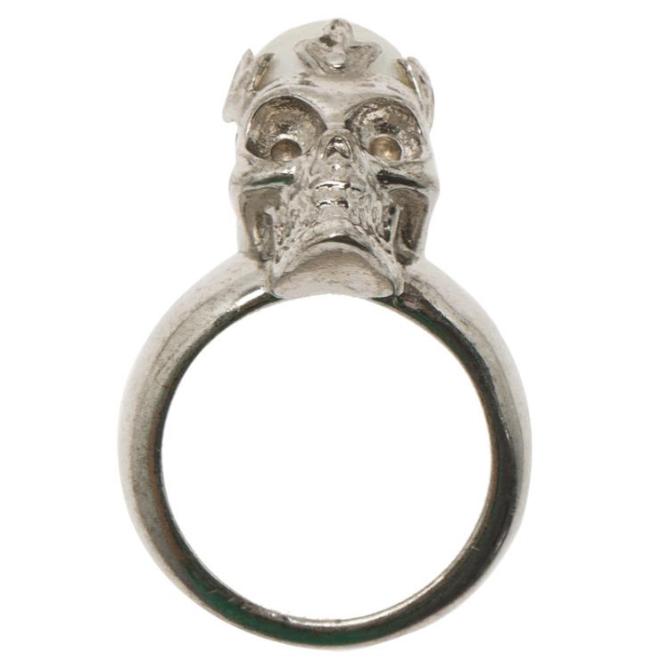 Pre Owned Alexander McQueen Faux Pearl Crown Skull Ring Size 55