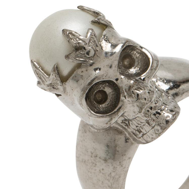 Pre Owned Alexander McQueen Faux Pearl Crown Skull Ring Size 55