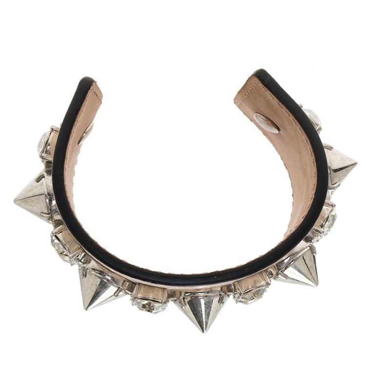Pre Owned Alexander McQueen Pink Spiked Leather Extra Wide Cuff Bracelet