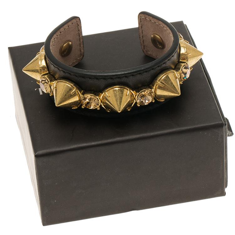 Pre Owned Alexander McQueen Black Spiked Leather Cuff Bracelet