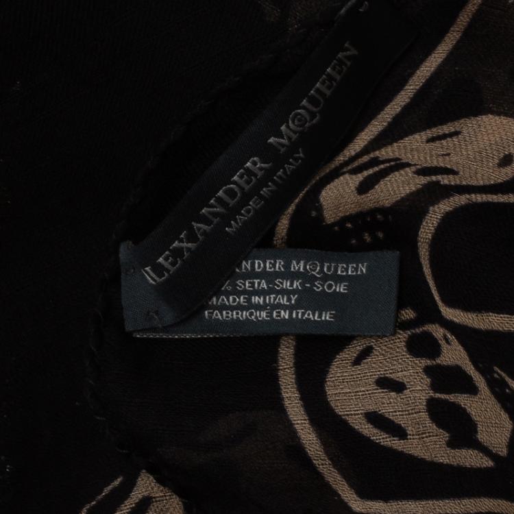 Pre Owned Alexander McQueen Black and Beige Silk Skull Print Scarf