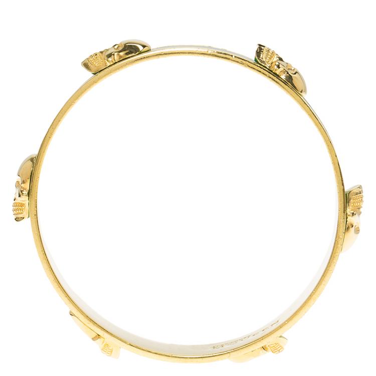 Pre Owned Alexander McQueen 3D Skull Green Gold Tone Bangle Bracelet Size 20