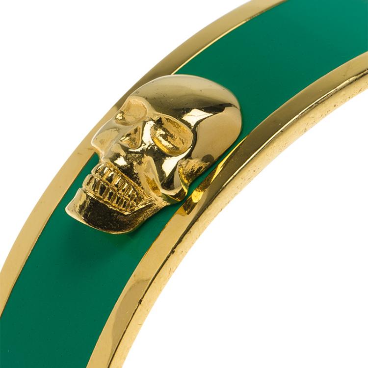 Pre Owned Alexander McQueen 3D Skull Green Gold Tone Bangle Bracelet Size 20