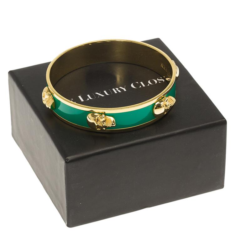 Pre Owned Alexander McQueen 3D Skull Green Gold Tone Bangle Bracelet Size 20