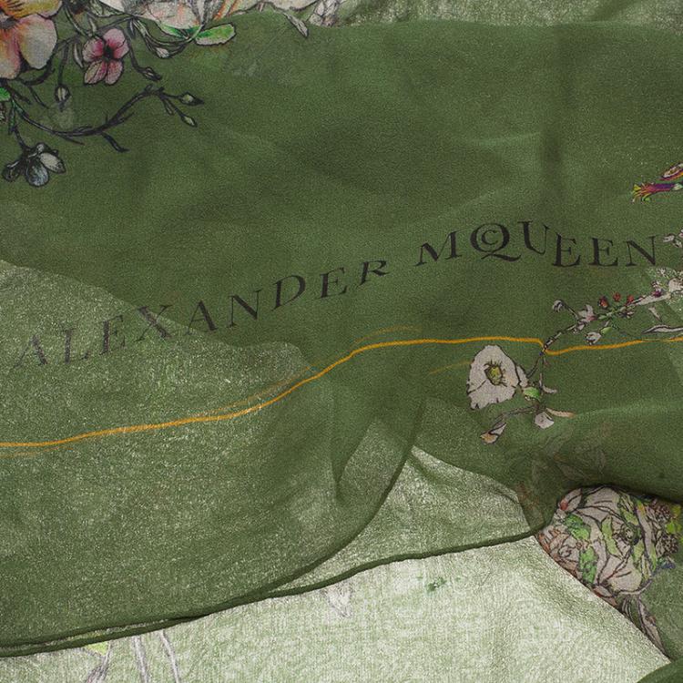 Pre Owned Alexander McQueen Green Floral Skull Silk Square Scarf