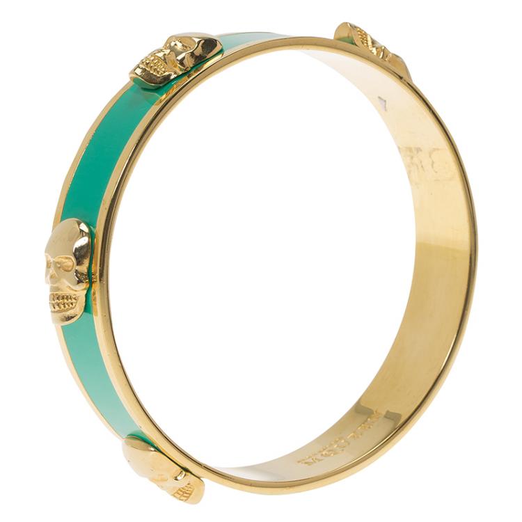 Pre Owned Alexander McQueen Green Enamel Gold Tone Metal Bangle Bracelet