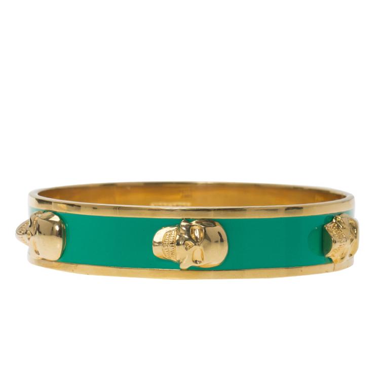 Pre Owned Alexander McQueen Green Enamel Gold Tone Metal Bangle Bracelet
