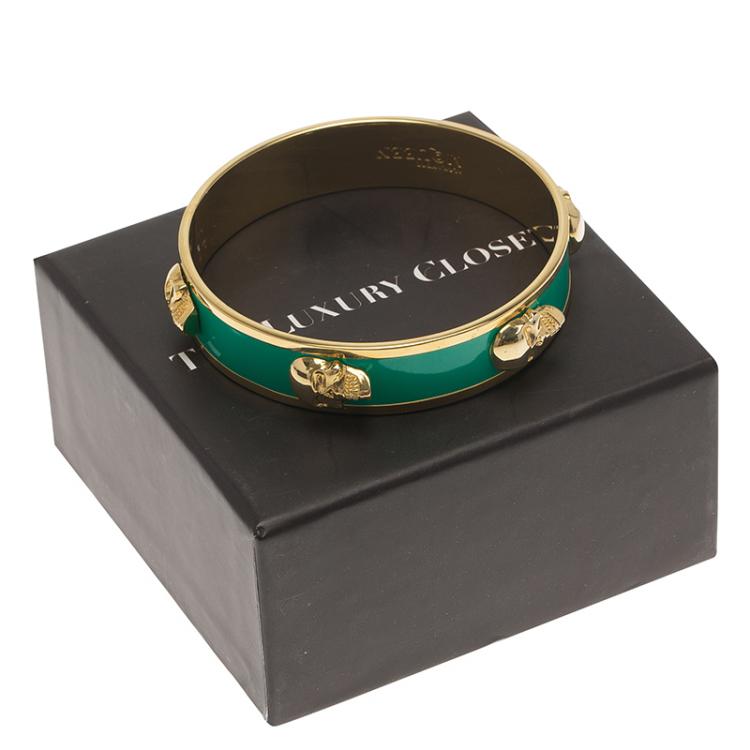 Pre Owned Alexander McQueen Green Enamel Gold Tone Metal Bangle Bracelet