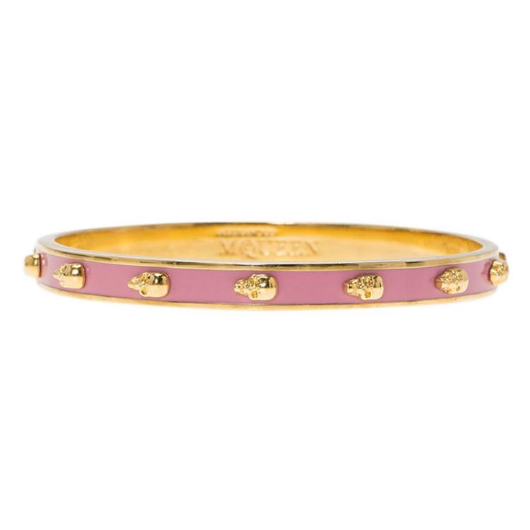 Pre Owned Alexander McQueen Skull Pink Thin Gold Tone Bracelet