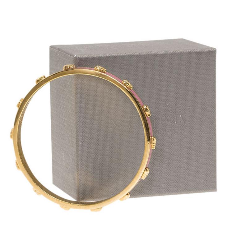 Pre Owned Alexander McQueen Skull Pink Thin Gold Tone Bracelet