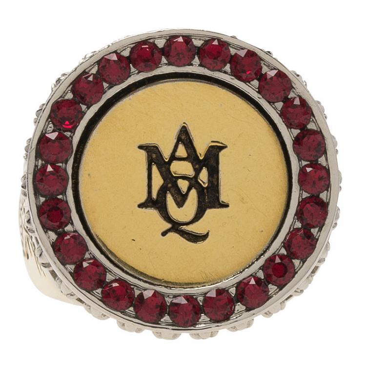 Pre Owned Alexander McQueen Multicolor Crystal Cocktail & Signet Ring Gold Tone Pendant Necklace