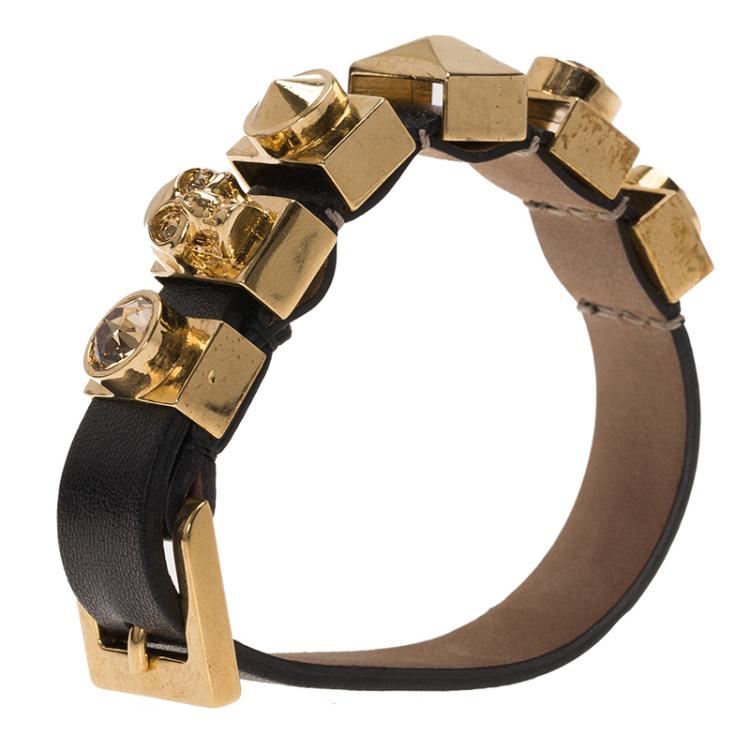 Pre Owned Alexander McQueen Crystal Skull Gold Tone Loops Black Leather Bracelet One Size