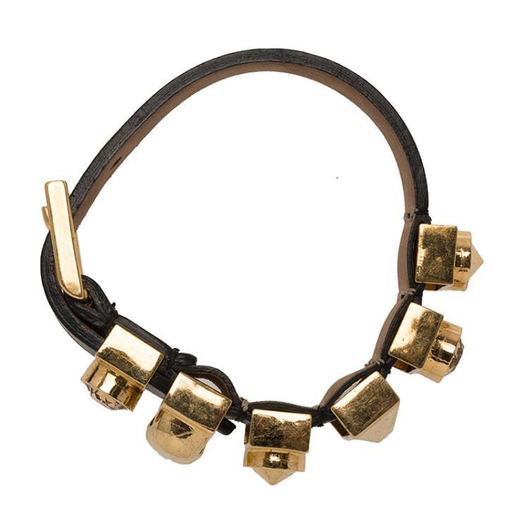 Pre Owned Alexander McQueen Crystal Skull Gold Tone Loops Black Leather Bracelet One Size