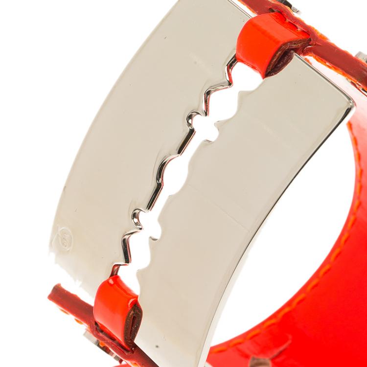 Pre Owned Alexander McQueen Razor Blade Neon Orange Patent Leather Cuff Bracelet