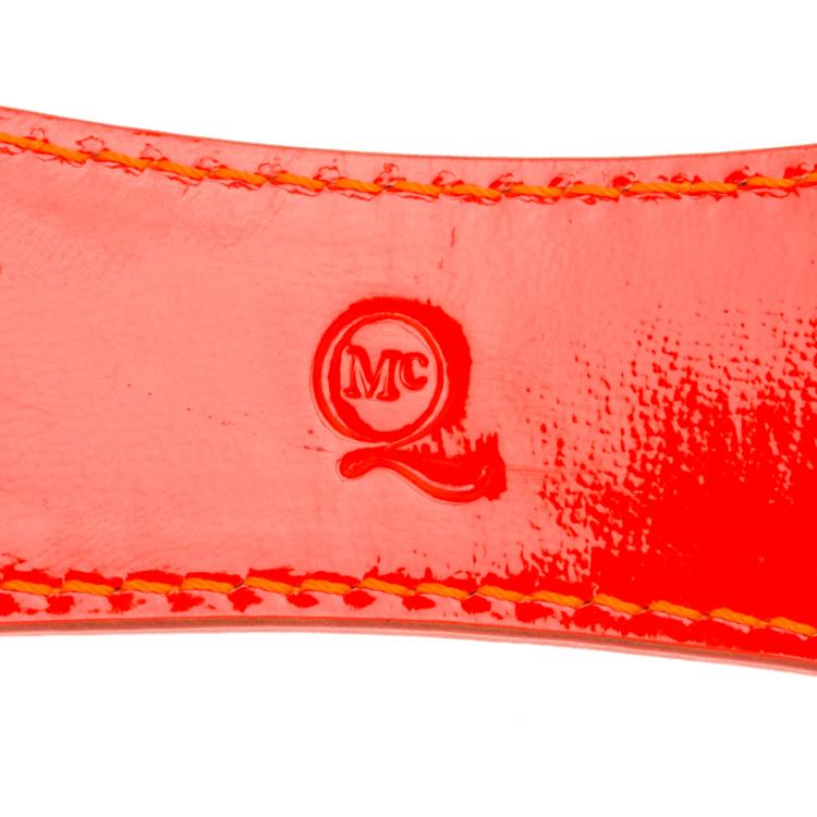 Pre Owned Alexander McQueen Razor Blade Neon Orange Patent Leather Cuff Bracelet