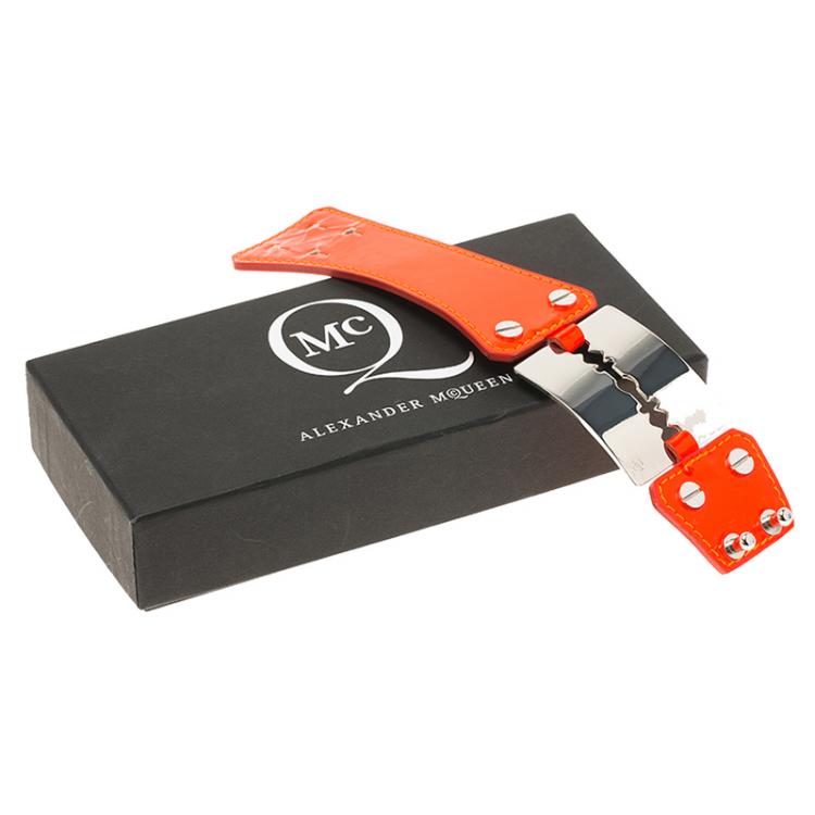 Pre Owned Alexander McQueen Razor Blade Neon Orange Patent Leather Cuff Bracelet