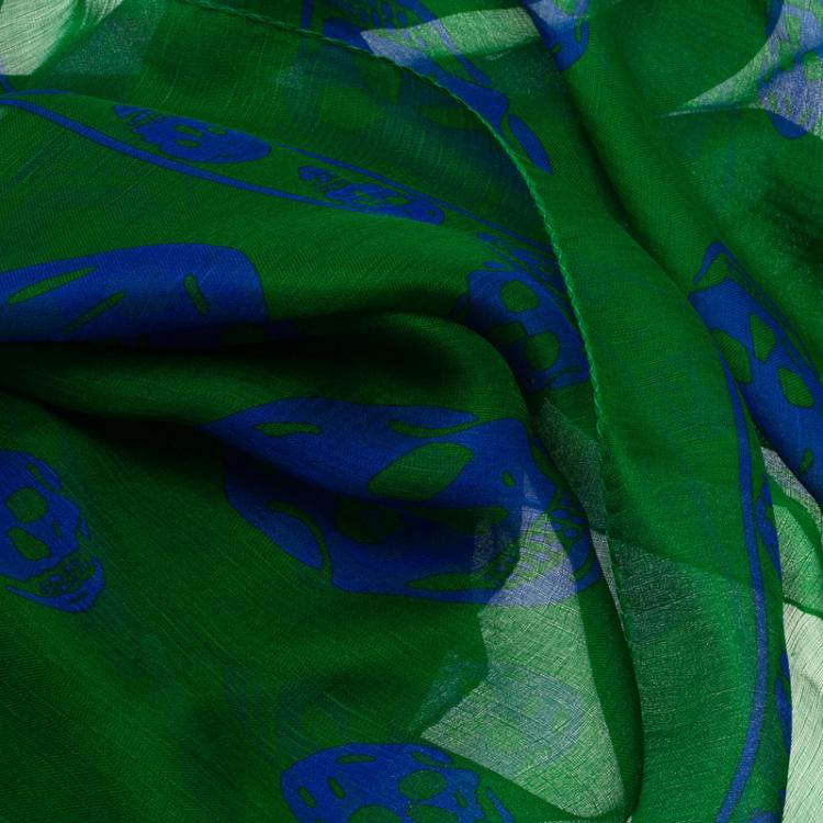 Alexander McQueen Blue Skull Printed Green Silk Chiffon