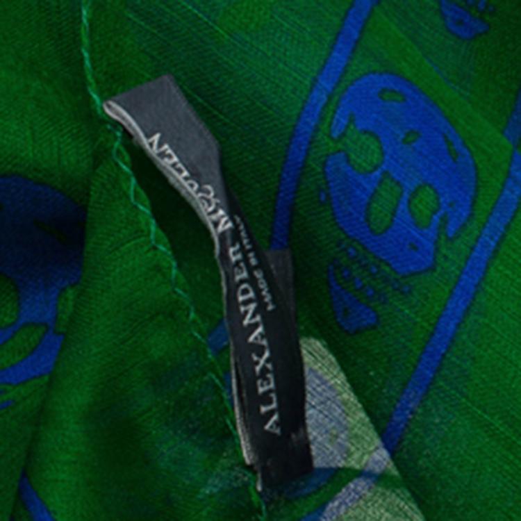 Pre Owned Alexander McQueen Blue Skull Printed Green Silk Chiffon Scarf