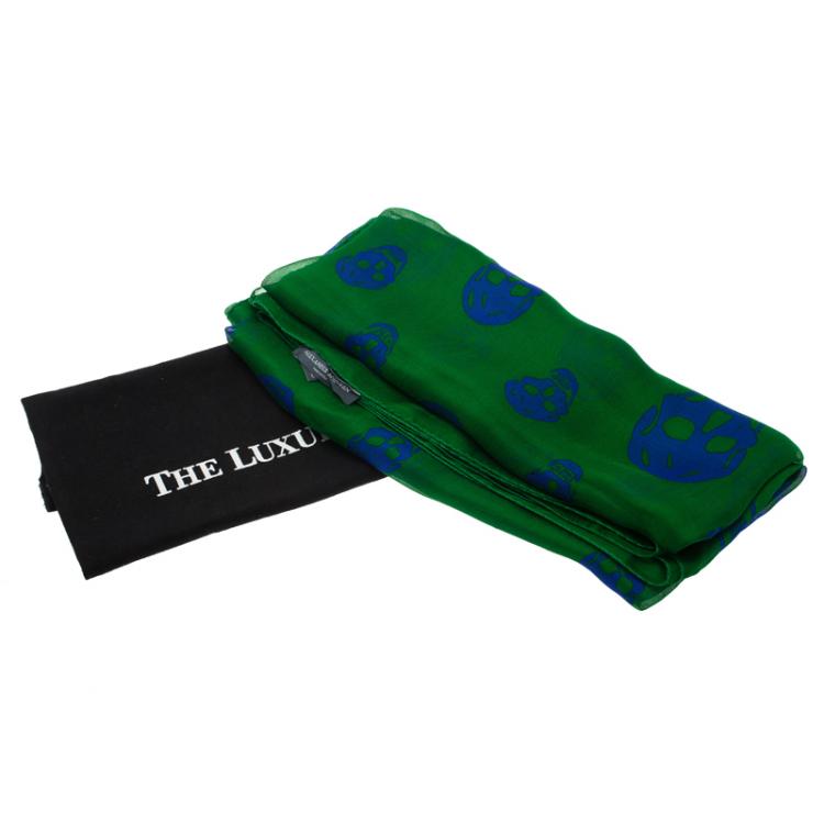 Pre Owned Alexander McQueen Blue Skull Printed Green Silk Chiffon Scarf