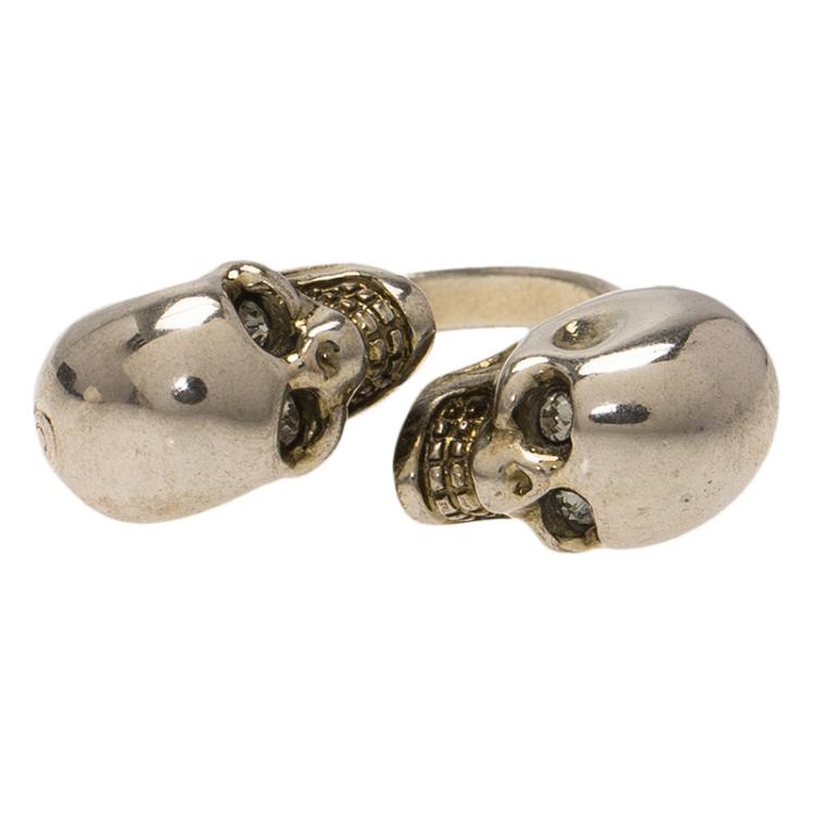 Pre Owned Alexander McQueen Twin Skull Crystal Silver Tone Ring Size 54.5
