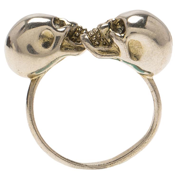 Pre Owned Alexander McQueen Twin Skull Crystal Silver Tone Ring Size 54.5