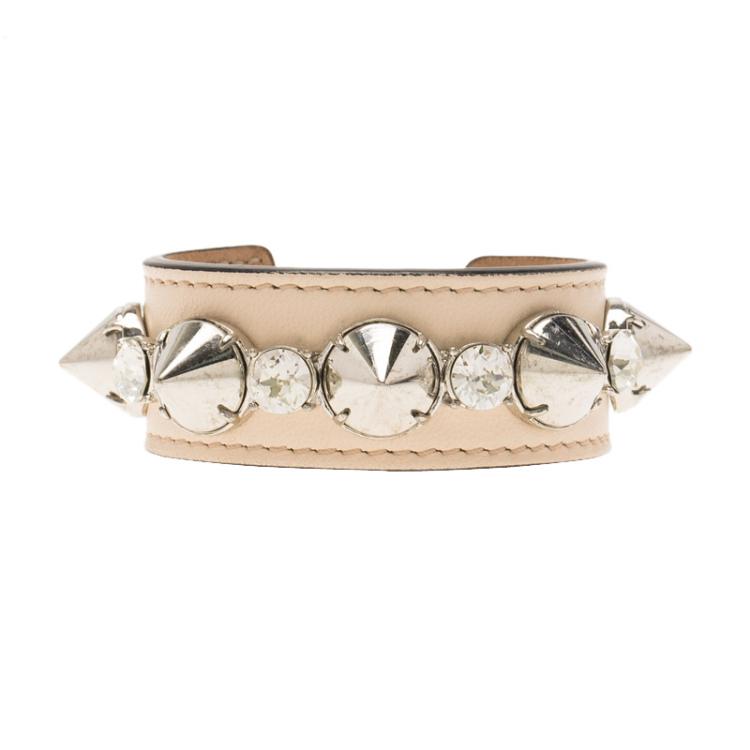 Pre Owned Alexander McQueen Pink Leather Crystal Silver Tone Spiked Wide Open Cuff Bracelet 16cm