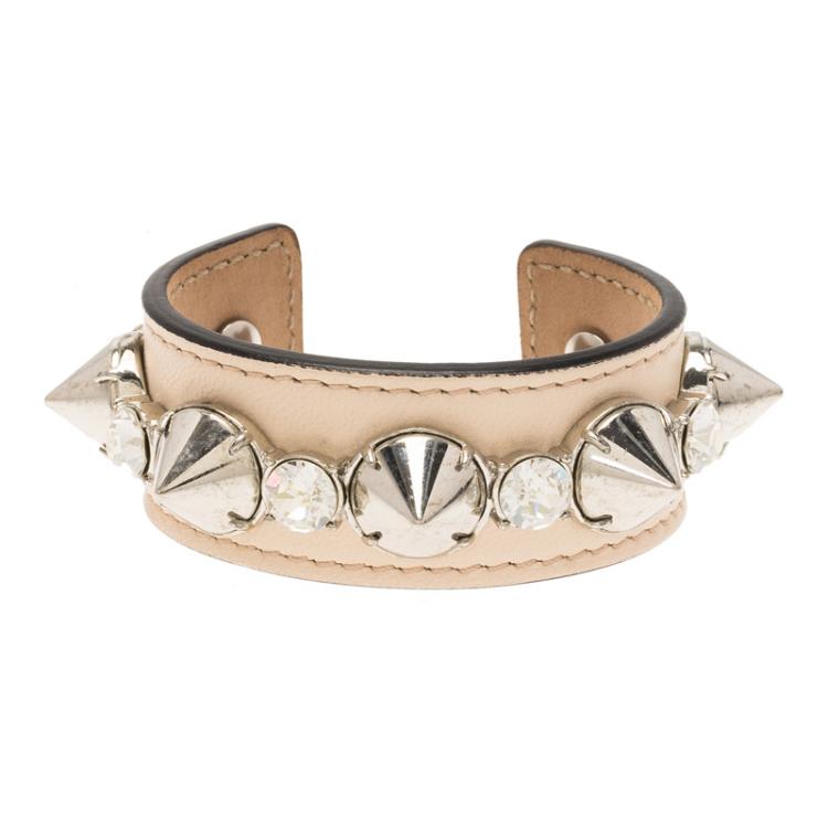Pre Owned Alexander McQueen Pink Leather Crystal Silver Tone Spiked Wide Open Cuff Bracelet 16cm