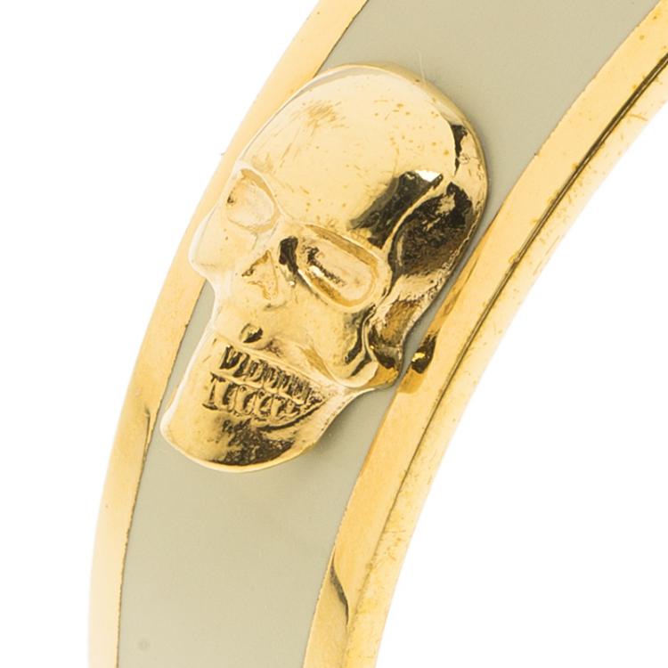 Pre Owned Alexander McQueen 3D Skull Beige Enamel Gold Tone Wide Bangle 20cm