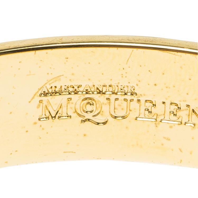 Pre Owned Alexander McQueen 3D Skull Beige Enamel Gold Tone Wide Bangle 20cm