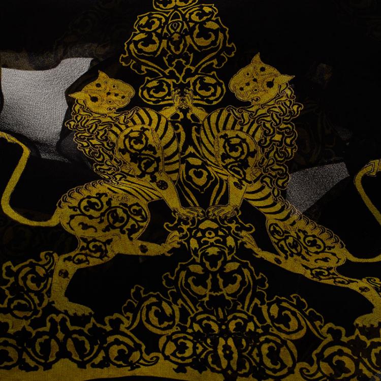 Pre Owned Alexander McQueen Black and Gold Printed Silk Scarf