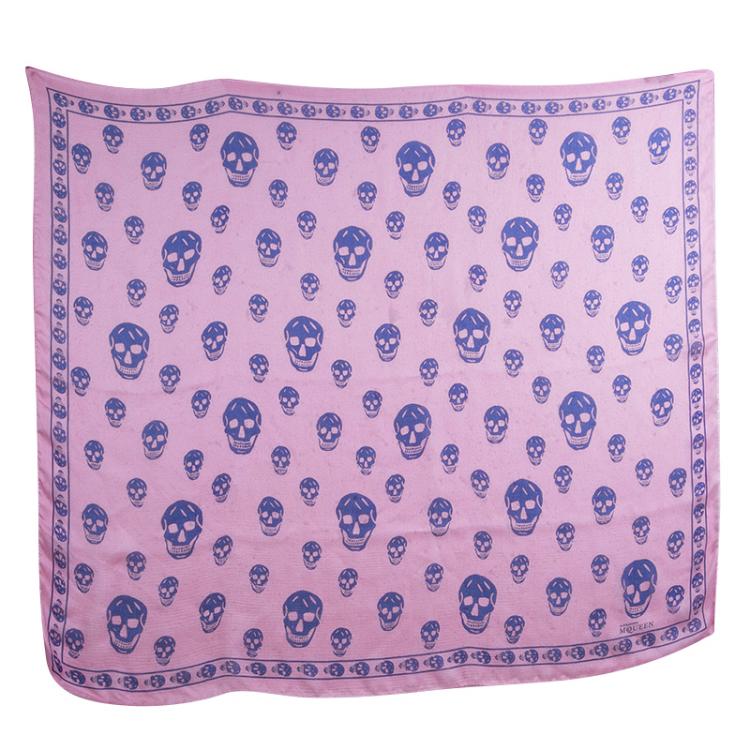 Pre Owned Alexander McQueen Pink and Blue Skull Printed Silk Blend Scarf