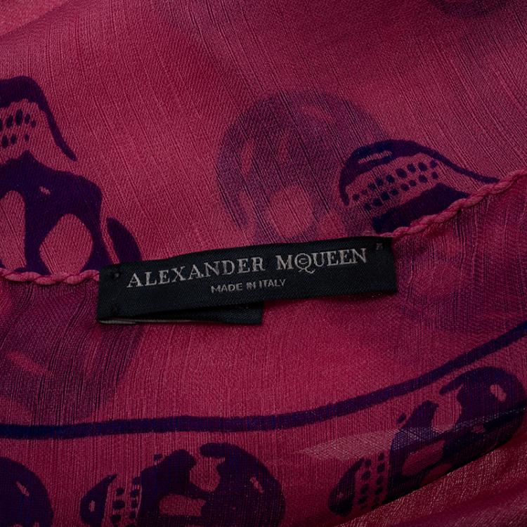 Pre Owned Alexander McQueen Pink and Blue Skull Printed Silk Blend Scarf