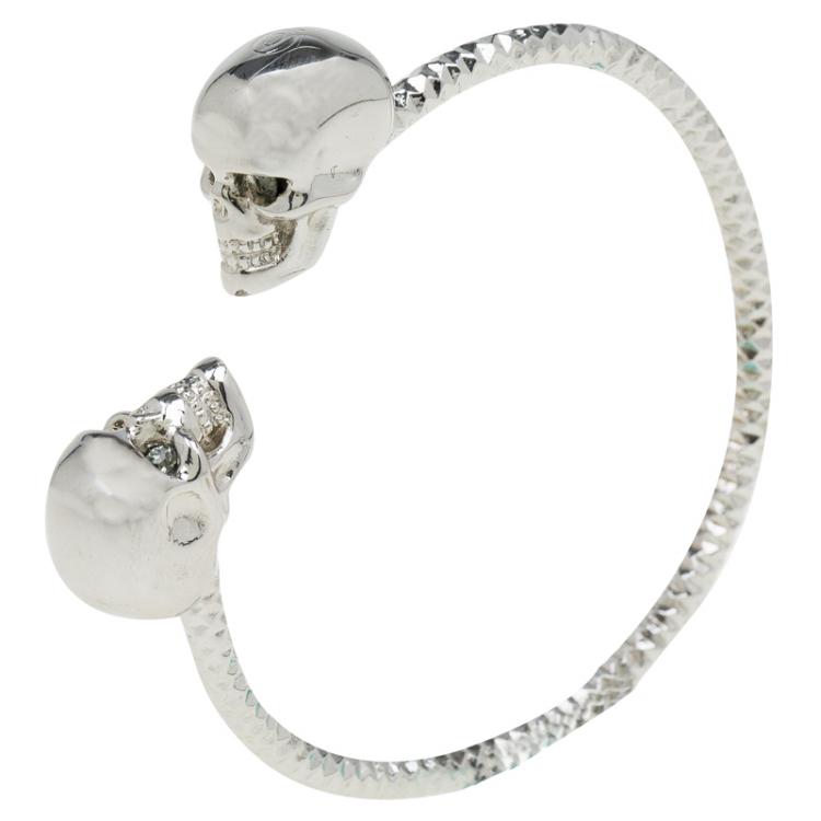 Pre Owned Alexander McQueen Twin Skull Silver Tone Metal Cuff Bracelet