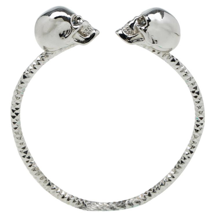 Pre Owned Alexander McQueen Twin Skull Silver Tone Metal Cuff Bracelet
