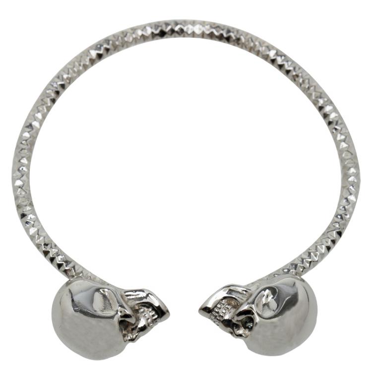 Pre Owned Alexander McQueen Twin Skull Silver Tone Metal Cuff Bracelet
