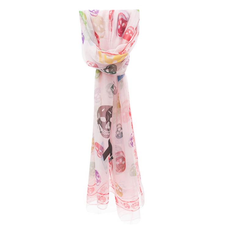 Pre Owned Alexander McQueen Pink Silk Chiffon Skull Print Scarf
