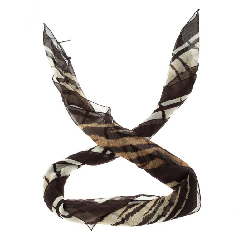 Pre Owned Alexander McQueen Brown Animal Print Silk Chiffon Square Scarf