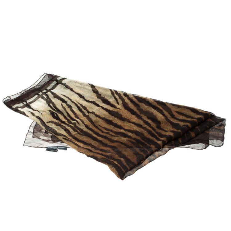 Pre Owned Alexander McQueen Brown Animal Print Silk Chiffon Square Scarf