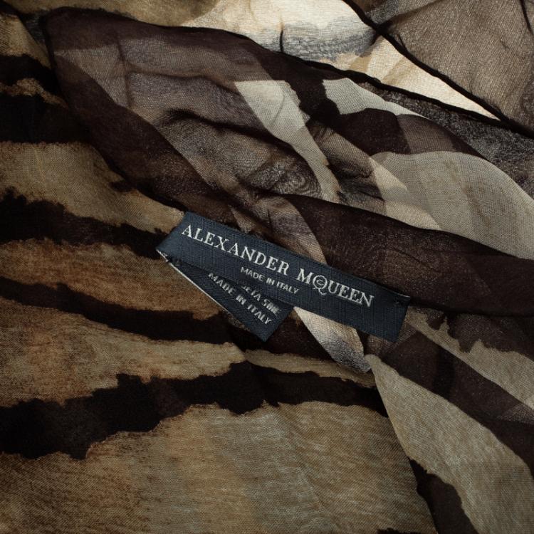 Pre Owned Alexander McQueen Brown Animal Print Silk Chiffon Square Scarf