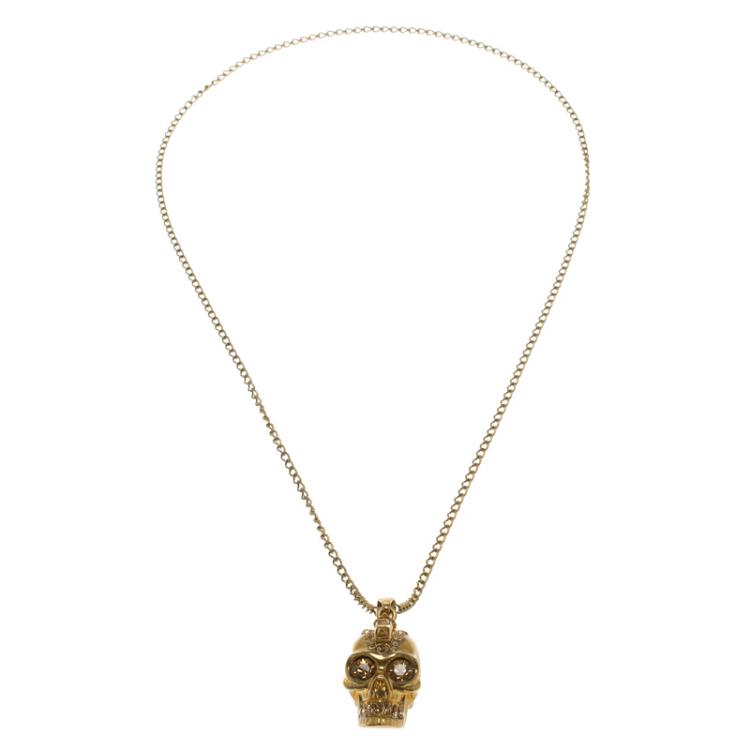Pre Owned Alexander McQueen Skull Crystal Gold Tone Necklace